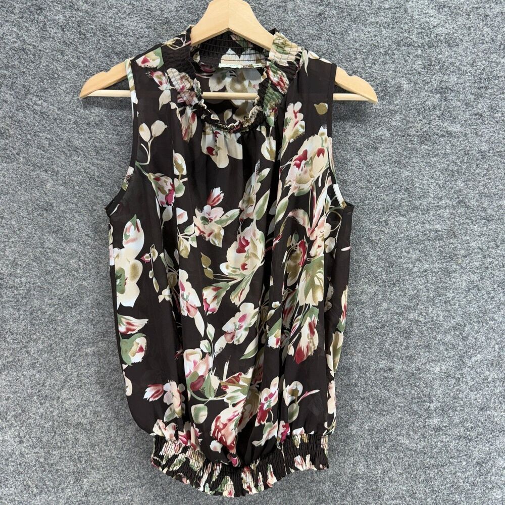 Agora Blouse Women S Small Black Floral Elastic Waist Sleeveless Wide Strap